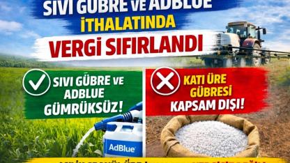 Sıvı Gübre ve AdBlue'da Gümrük Vergisi Sıfırlandı